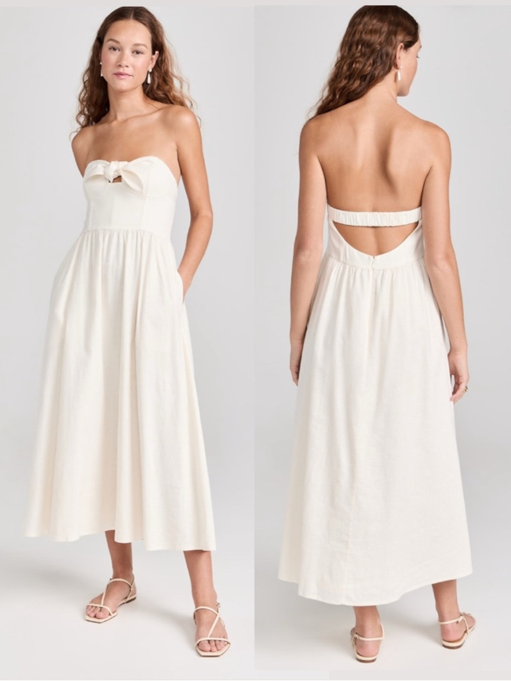 Solid & Striped || The Aurora Midi Dress Bow Strapless Linen Brulee Ivory M NWT